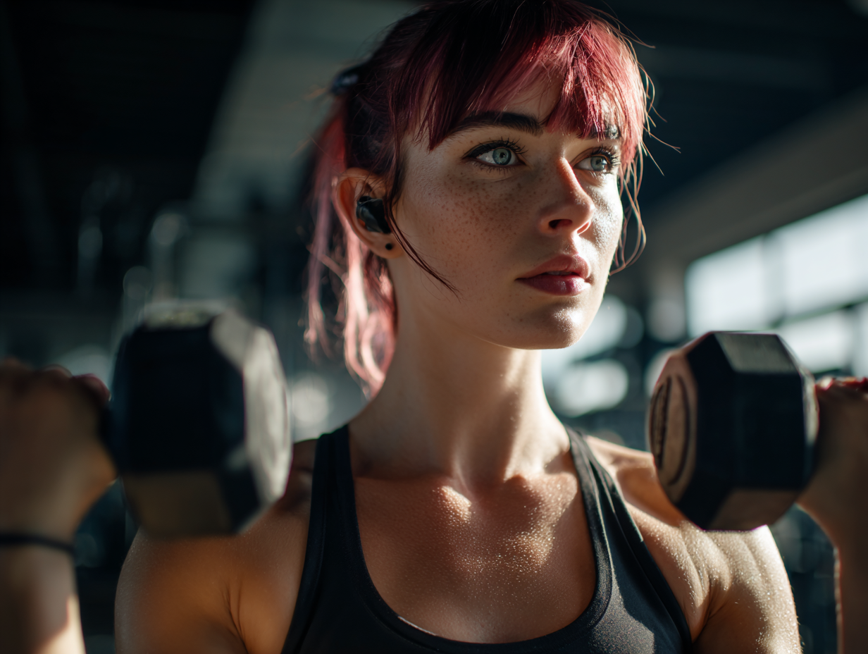 Žena cvičí s činkami v posilňovni